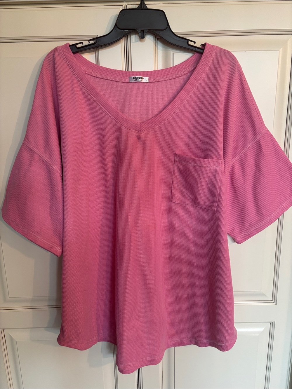 Women's Pink V-Neck Pocket Top.